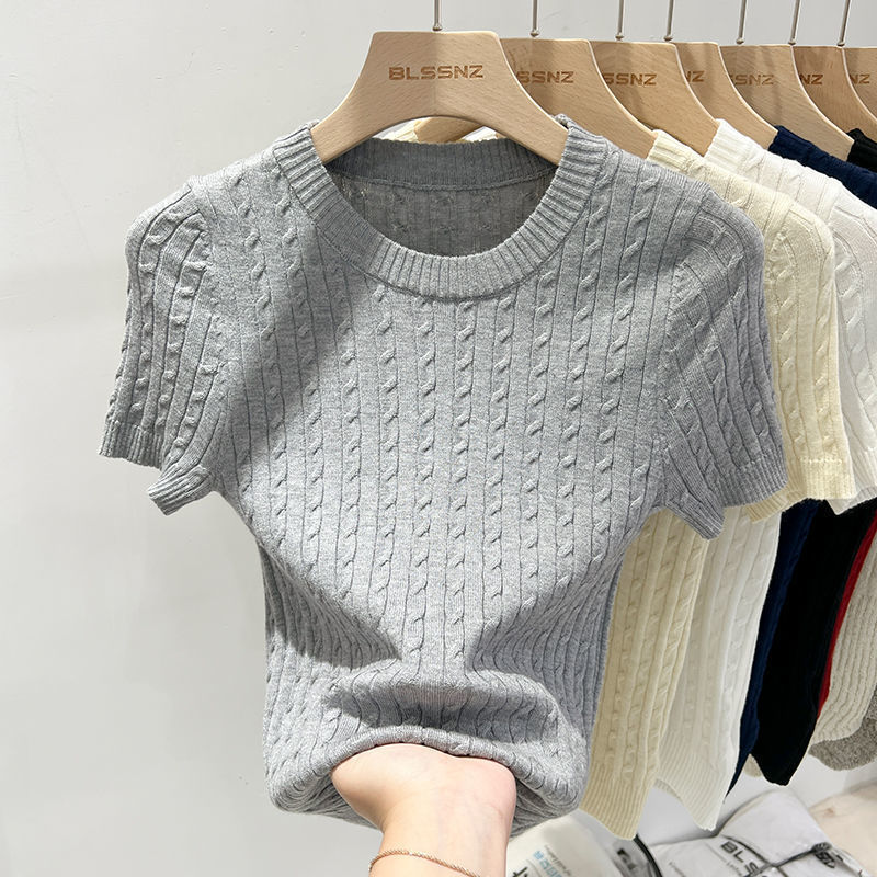 柔らかくワックスのようなラウンドネックロイヤルブルー半袖セーター女性用2025春夏韓国風ファッショナブルな気質スリムフィットトップトレンディ|undefined