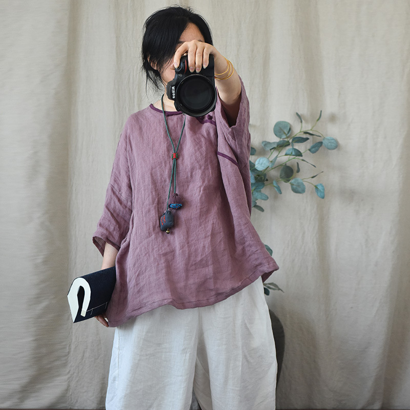 Bai He/original summer loose plus size diagonal sparse linen women's shirt Zen retro buckle short sleeve top Bai He/original summer loose plus size diagonal sparse linen women's shirt Zen retro buckle short sleeve top