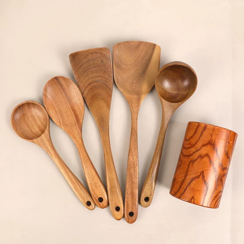 Juego de cocina de teca, cuchara de pala de madera maciza, tenedor, sartén antiadherente, utensilios de cocina de madera de acacia, espátula de mango largo, juego de cocina de 9 piezas