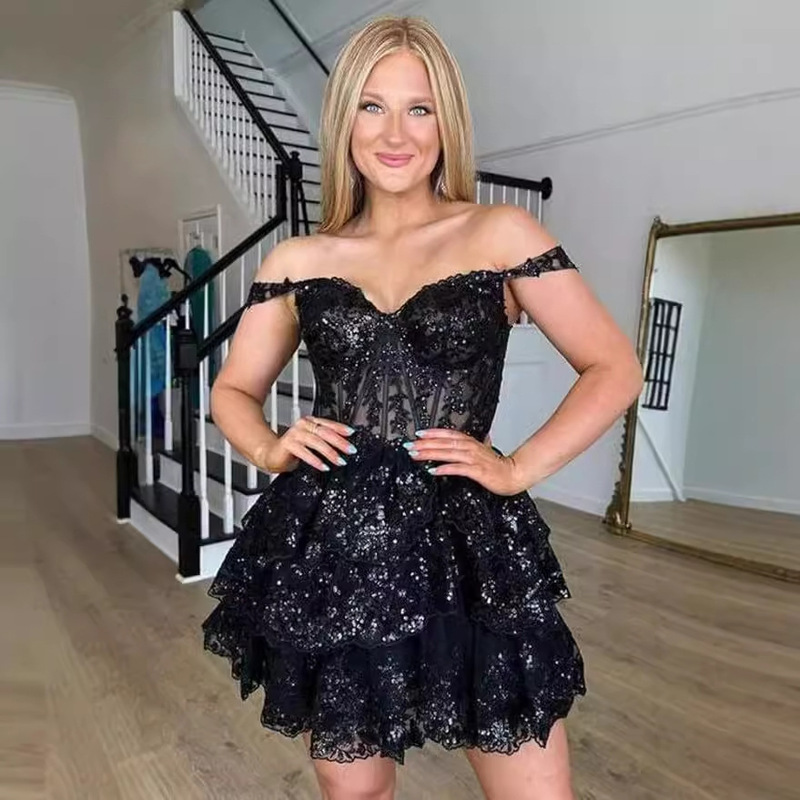 European and American Lace Cocktail Shiny Sequin Homecoming Dress Youth Off-Shoulder Short Prom Dress Spring and Summer New
