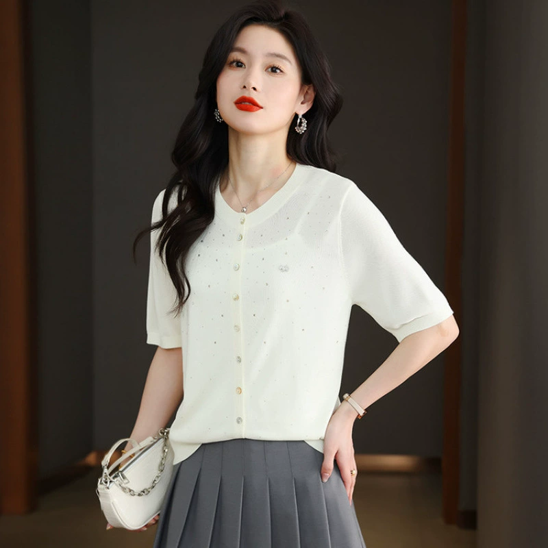 Аутентичный тонкий вязаный кардиган из тутового шелка, женская футболка, летний новый стиль с юбкой на подтяжках и короткими рукавами из ледяного шелка