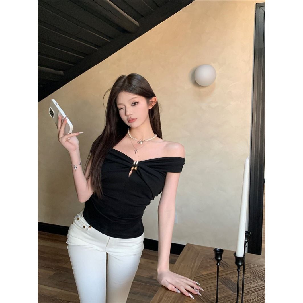 一字肩性感鏤空短袖T恤女夏季修身褶皺辣妹白色短款小眾氣質上衣