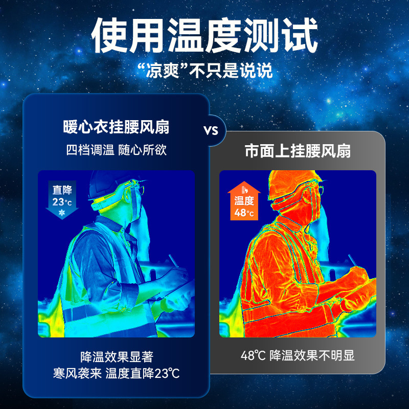 Ventilador de cintura portátil para disipar el calor y enfriar artefacto mágico de alta temperatura en el sitio de construcción al aire libre en verano.