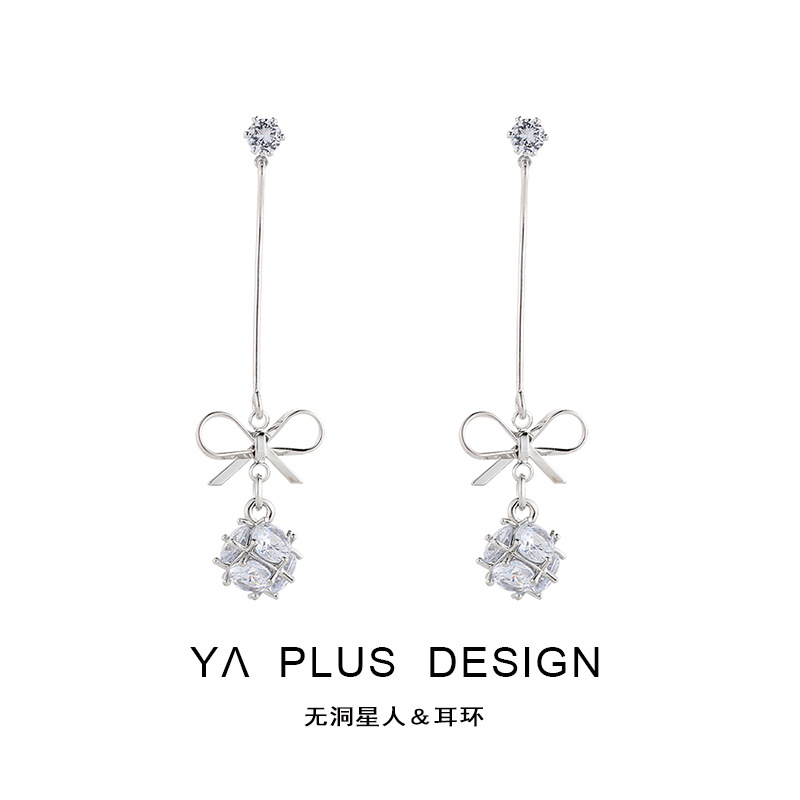 Long Bow Earrings High-end Light Luxury Elegant Simple Zircon Earrings Earrings Earrings Mosquito Incense Plate Ear Clip