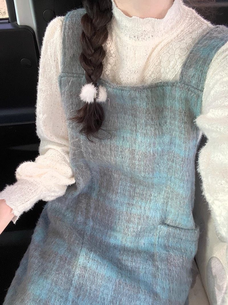 湖韩版长款背带裙格子蓝绿口袋一整套秋装新款秋冬连衣裙搭配毛呢