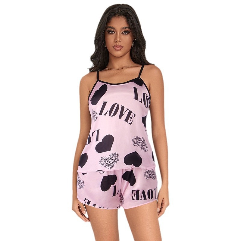 Plus tamaño de lencería sexy delgada homewear traje amor impreso pijamas leopardo Sling Top shorts conjunto de dos piezas