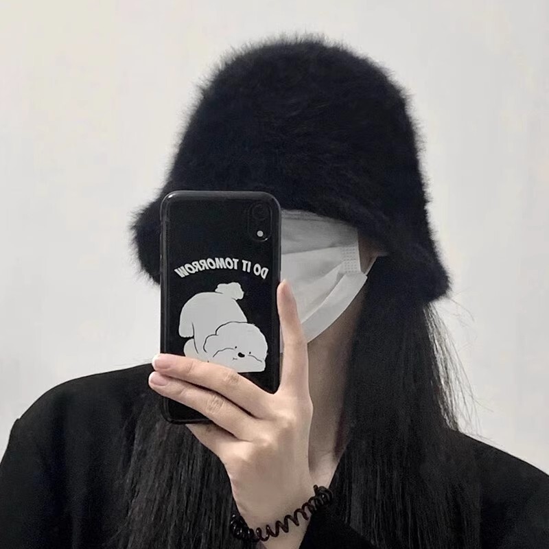 渔夫帽子女款秋冬季韩版百搭ins黑色兔毛绒水桶帽遮脸显脸小盆帽|undefined