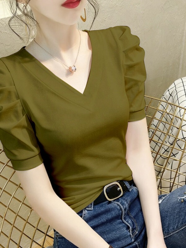 V-Neck Short-Sleeve T-Shirt for Women, Stylish Design, 2026 New Summer Model, Slim-Fit Cotton French Puff Sleeve Base Shirt Top V-Neck Short-Sleeve T-Shirt for Women, Stylish Design, 2026 New Summer Model, Slim-Fit Cotton French Puff Sleeve Base Shirt Top