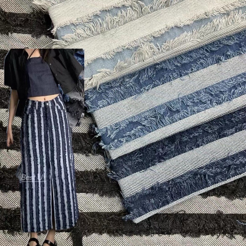 In stock wholesale jacquard horizontal stripes Su Liu cut flowers and washed Denim fabrics can be used as trousers, bags, shoes and other fabrics