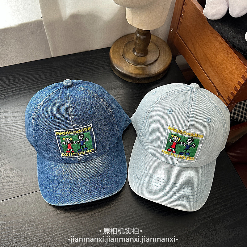 新款可爱童趣卡通刺绣水洗牛仔蓝棒球帽子女百搭休闲显脸小鸭舌帽|undefined