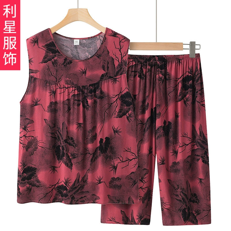 Костюм для бабушки Летняя футболка без рукавов Комплект из двух предметов для мамы Свободный хлопковый Шелковый тонкий летний жилет больших размеров для пожилых людей