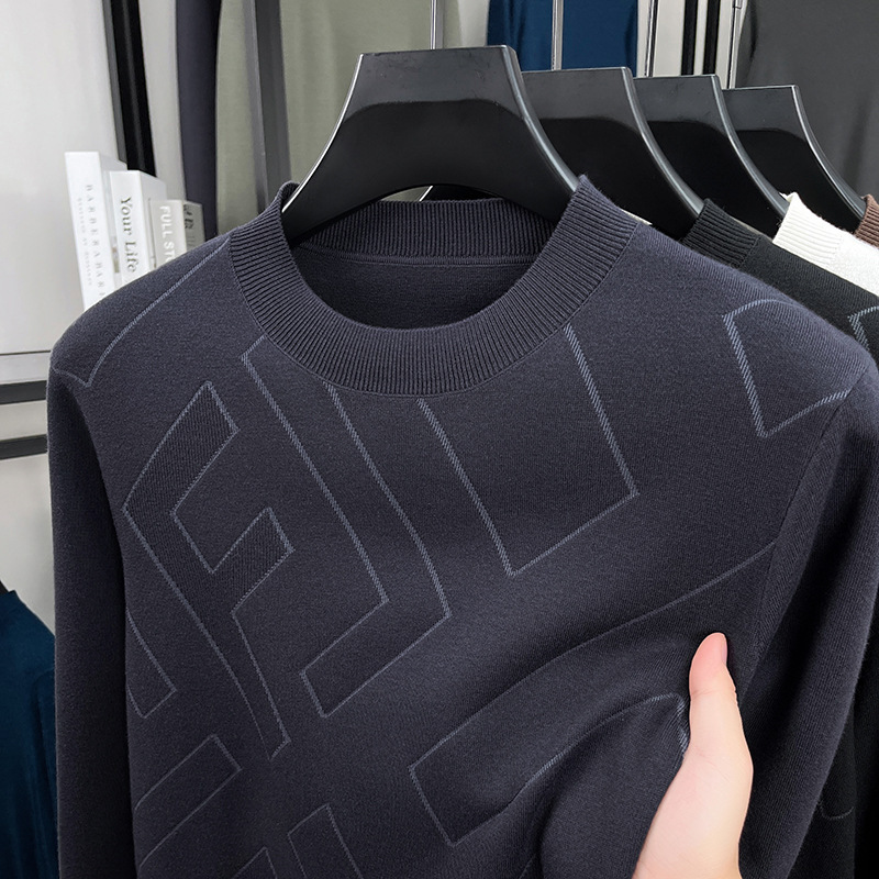 Autumn New Round Neck Sweater Men's Loose Thin Top Jacquard Solid Color Pullover Sweater Factory Direct Sale