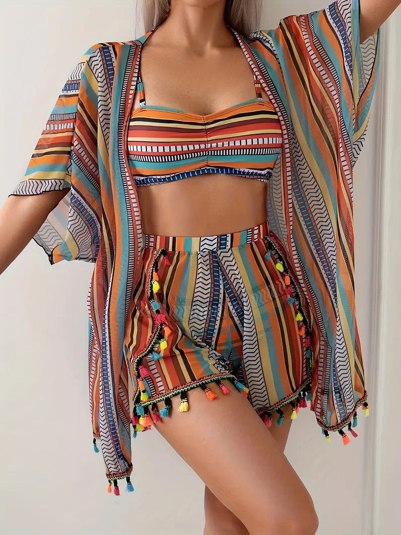 Damen Strandkleid Set Mit Kimono Und Bikini Für Den Sommerurlaub_voghion.com