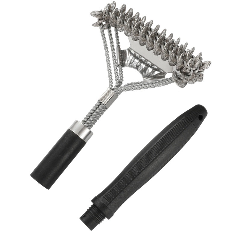 Amazon Venta caliente barbacoa de tres capas de primavera cepillo de limpieza de barbacoa de acero inoxidable de 17 pulgadas cepillo de alambre de pala de tres diadema