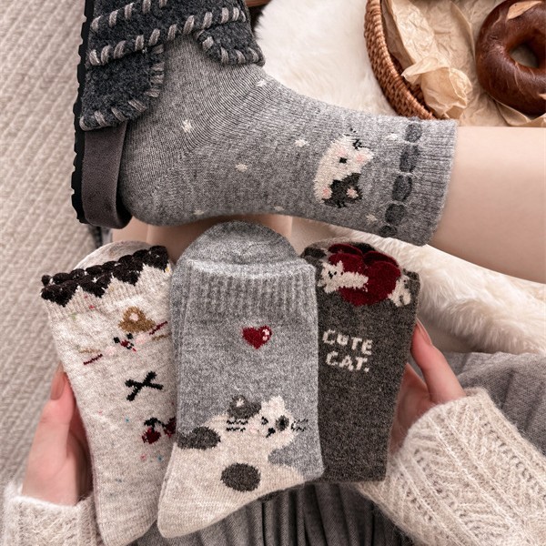 Thick Autumn and Winter Fair Isle Style Wool Socks Japanese Style Yarn Snowman Thick Mid-Calf Socks Warm Slouch Socks