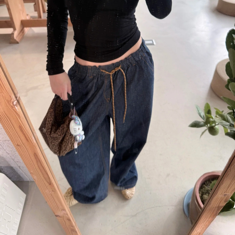New Style Lazy Loose Casual Floor-Length Straight Easy Drawstring Wide-Leg Long Pants Original Women's Jeans 5026