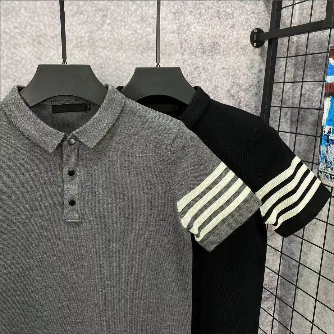 Polo camiseta de punto camiseta de manga corta camiseta de hombre con solapa cuatro barras rayas viejas líneas de negocios de verano fábrica transfronteriza mayorista