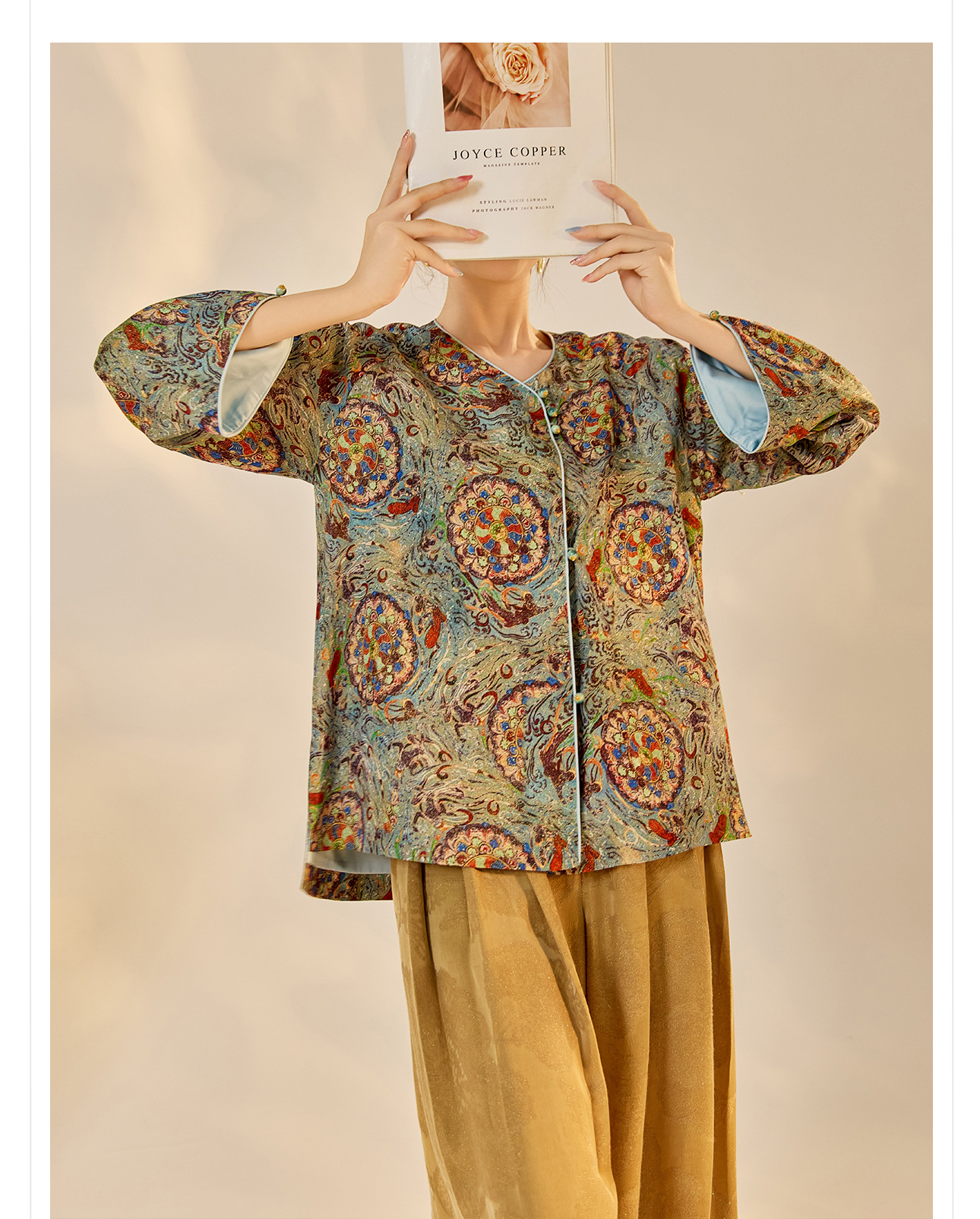 Áo khoác nữ phong cách Trung Hoa mới, cổ chéo, in thêu chỉ vàng, chất rayon cao cấp N8042 — màu xanh nhạt chi tiết 12
