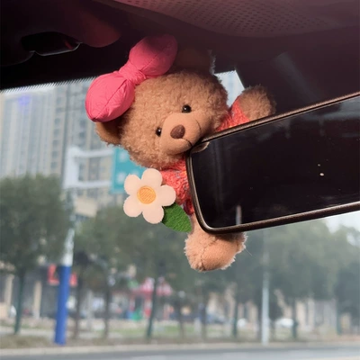 Cartoon Bear Rearview Mirror Screen Ornament Creative Cute Central Control Lying Doll Car Decoration Interior Accessories Goddess (Car ornaments) - pink-butterfly-bear-rearview-mirror-model