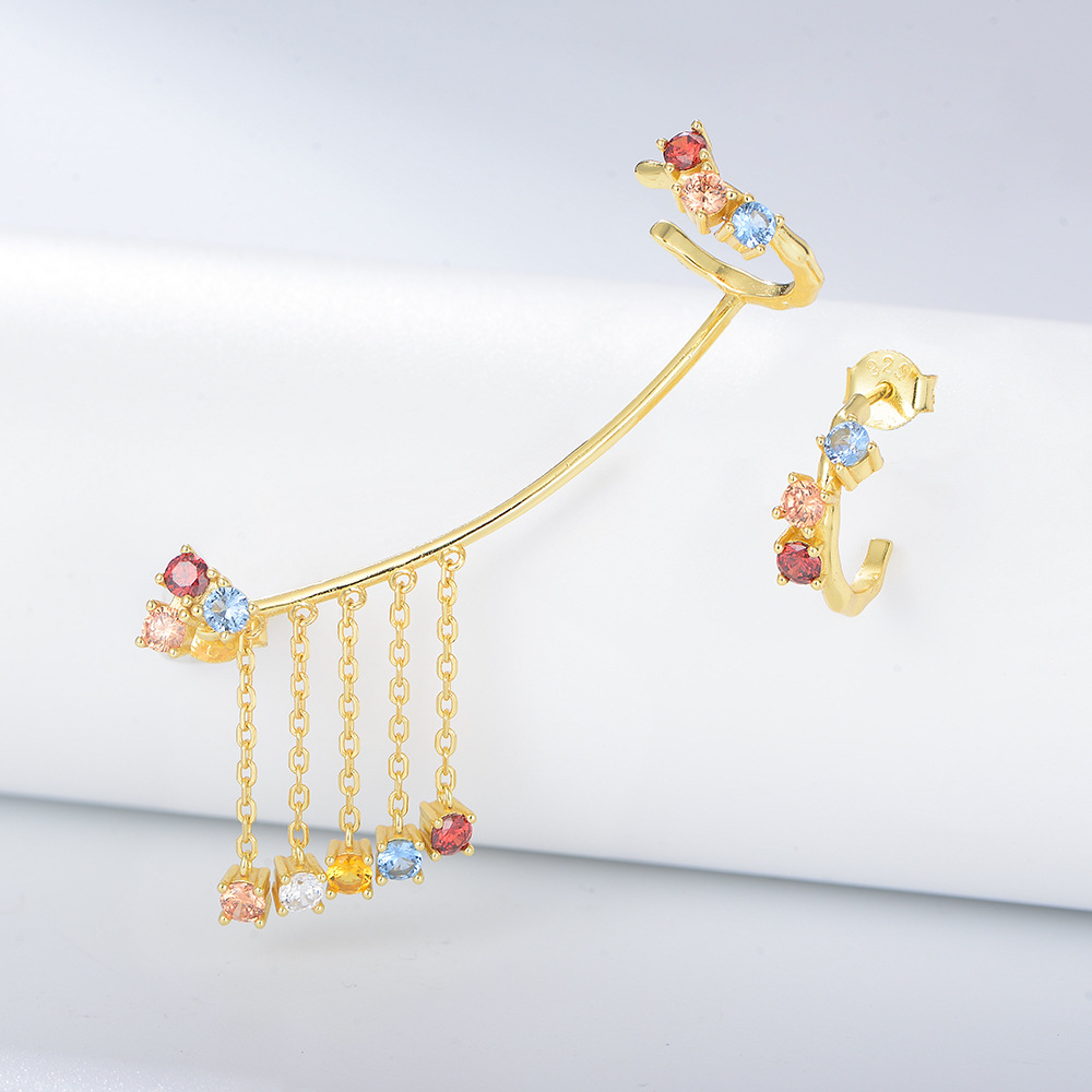 Europa y América ins pendientes de alto sentido nicho s925 plata esterlina personalidad asimétrica color circón pendientes de la borla