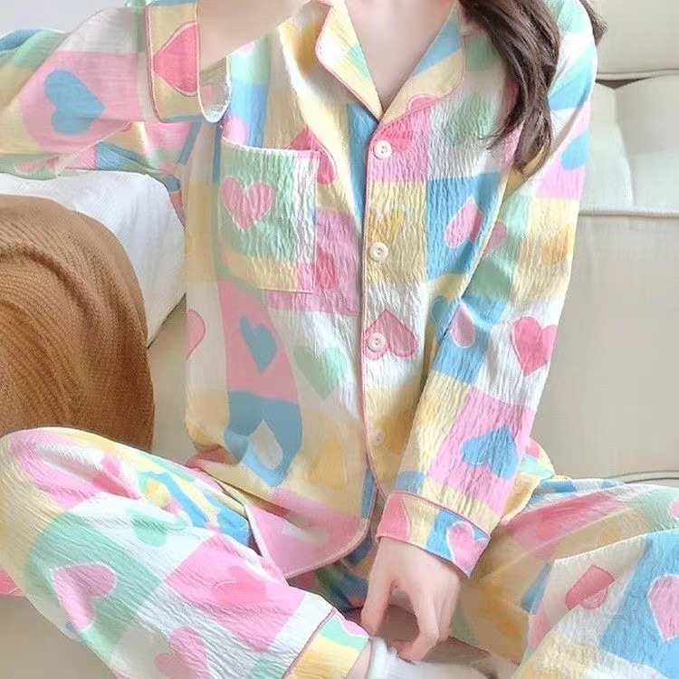 Primavera y otoño nuevo algodón japonés nubes de dibujos animados con solapa Cardigan damas Zoubu pijamas pantalones largos de mangas largas set de ropa para el hogar