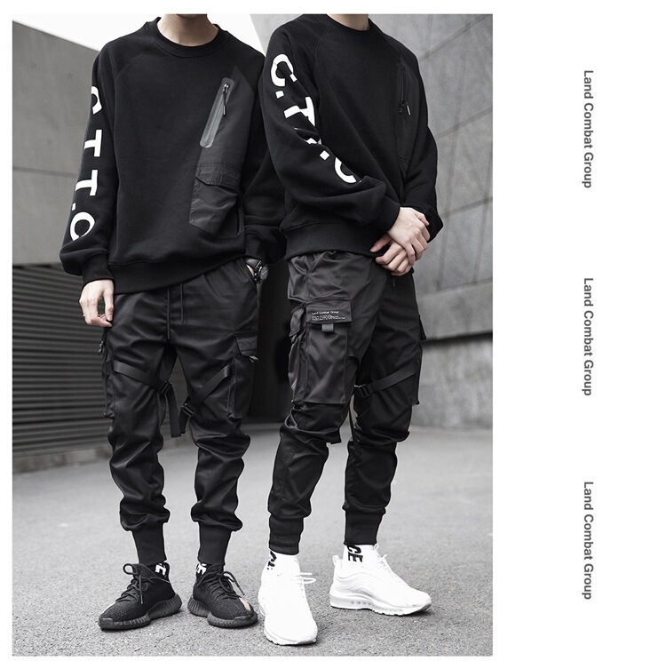 Spring and summer men's jogging pants multi-pocket sports pencil pants cotton overalls men's Hong Kong fashion harem youth ankle-tied pants