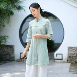 新款提花棉麻中国风新中式禅意茶服中长款女式太极服中袖上衣