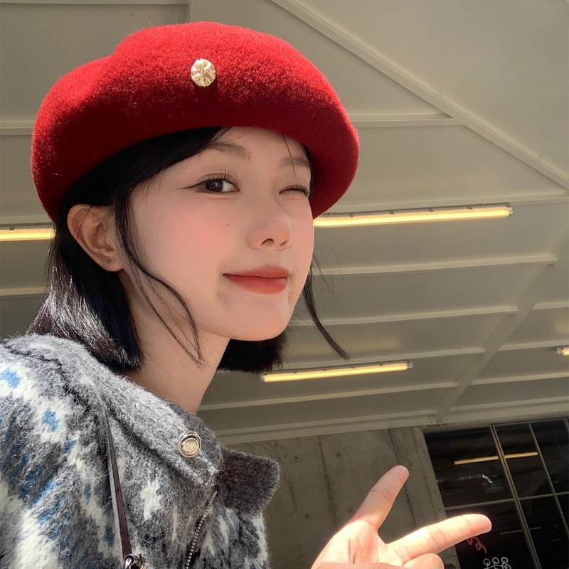 日系复古毛呢红色云朵贝雷帽女大头围显脸小气质文艺百搭画家帽子|undefined