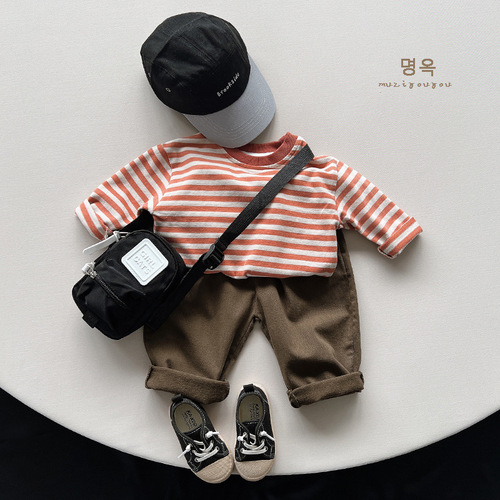 BI match~ Striped T-shirt 2024 Spring and Autumn New Style Korean Style Loose Casual Bottoming Shirt for Boys and Girls, Trendy Tops for Children