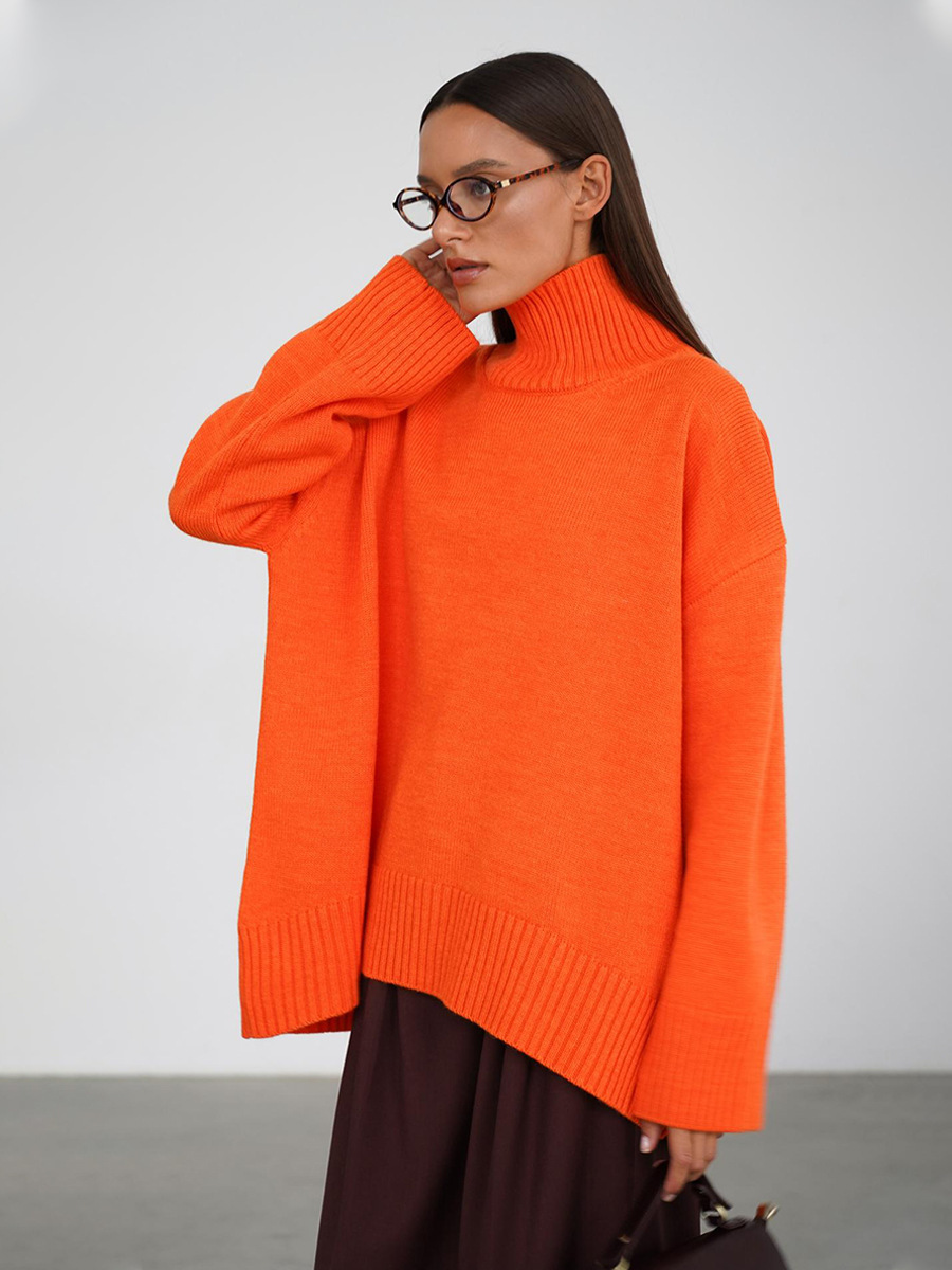 Suéter de cuello alto transfronterizo para mujeres 2025, Europa y los Estados Unidos de otoño y invierno explosivo color sólido jersey de punto de cuello alto suéter suelto para mujeres