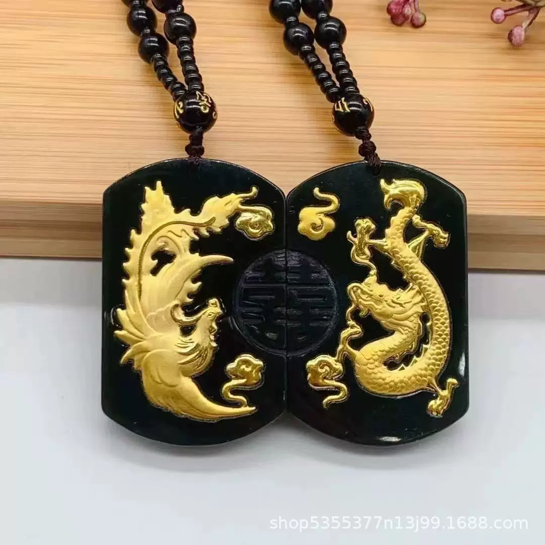 和田玉足金加厚 金镶玉 龙凤呈祥双喜临门情侣男女款吊坠商场直播
