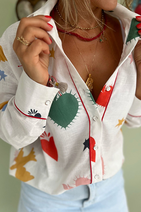 Loose Fit Type Abstract, Star, Heart Shape Pattern Summer, Spring Season Wholesale Women's Streetwear Abstract Star Heart Shape Long Sleeve Printing Button Blouses