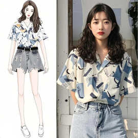 【跨境爆款】设计感小众上衣新款港风衬衫女中长款短袖百搭衬衣