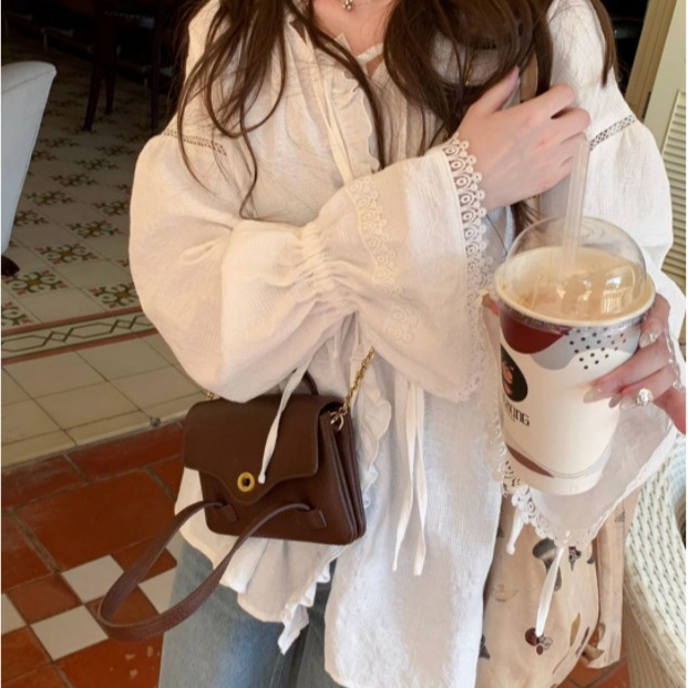 Yuk Boss White Tea Bulei MIAOLAB Spring New French Cotton Lace Round Neck Horn Sleeve Shirt White