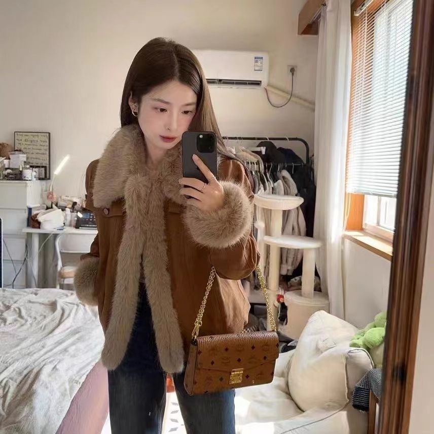 鹿皮绒仿狐狸毛机车服外套女秋冬短款2026新款美拉德毛毛环保皮草