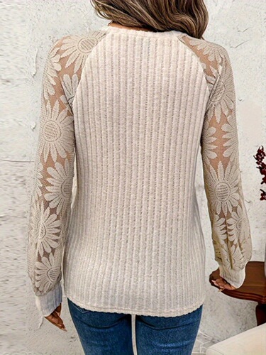 Women Basic Tops Casual Round Neck Lace Patchwork Long
