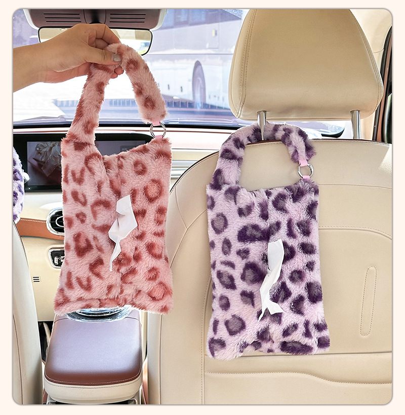 Cross-Border Leopard Print Car Tissue Box Cute Car Interior Decoration Tissue Hanging Bag Plush Hanging Car Seat Tissue Box