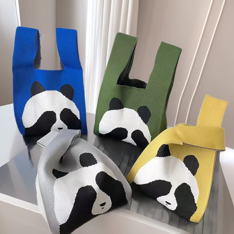 可爱熊猫手工针织包包百搭女个性百搭针织编织包手提包托特包女包