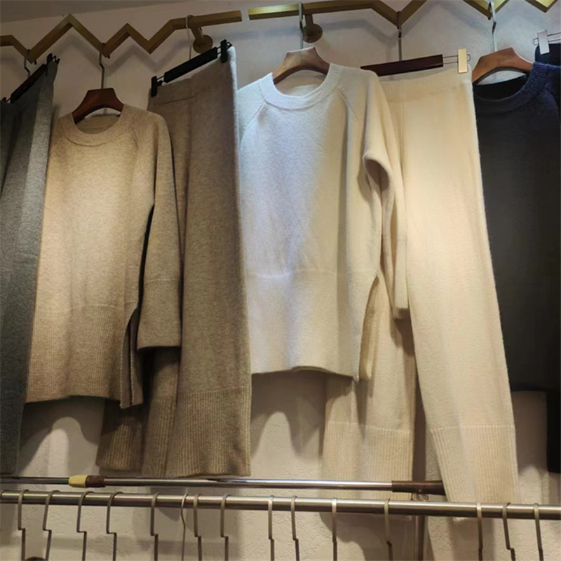 Alto sentido otoño e invierno nuevo suelto split suéter casual pantalones de dos piezas conjunto de luz madura temperamento traje de las señoras
