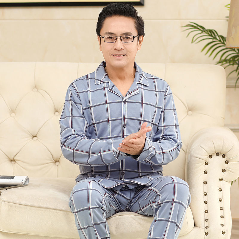 Pijamas de mediana edad y ancianos para hombres de primavera y verano 100% algodón de manga larga más tamaño cardigan Delgado traje de homewear