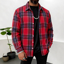 红色呢料毛绒大格子长袖男士衬衫外贸男装商务休闲衬衣男春秋冬厚