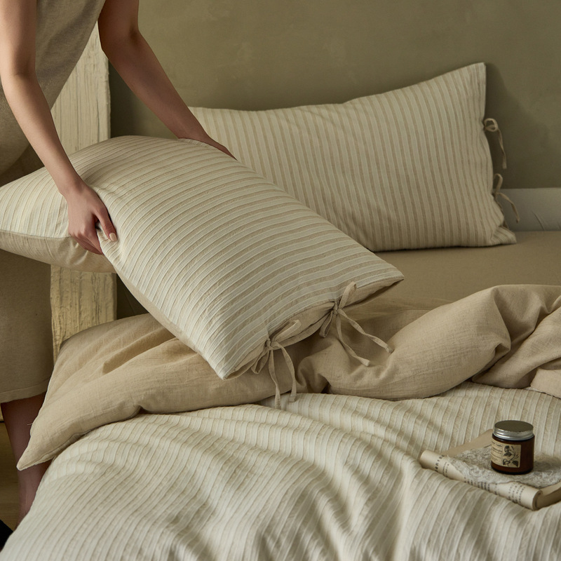 Class a Yarn-Dyed Cotton-Linen Jacquard Washed Cotton Four-Piece Set, Casual Simple Style, Natural Linen Single Bedding Set, Duvet Cover, Fitted Sheet Class a Yarn-Dyed Cotton-Linen Jacquard Washed Cotton Four-Piece Set, Casual Simple Style, Natural Linen Single Bedding Set, Duvet Cover, Fitted Sheet