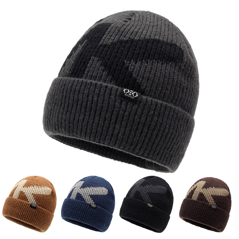 Knitted Hat for Men in Winter, Fleece-Lined Warm Hat, Autumn and Winter Cold-Proof Jacquard Vk Hat, Cycling Wool Hat, Cold Weather Hat, Cross-Border