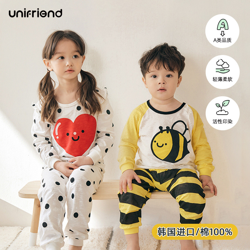 Unifriend Korean Spring & Fall New Kidsren's Pure Cotton Pajamas Baby Home Clothes Thin Loose Set