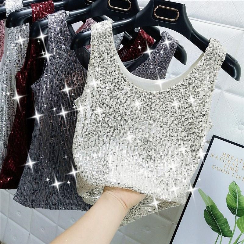 Sparkling Sequin Round Neck Tank Top for Women, 2025 Summer New Style, Shiny Fashion Glitter Camisole Top