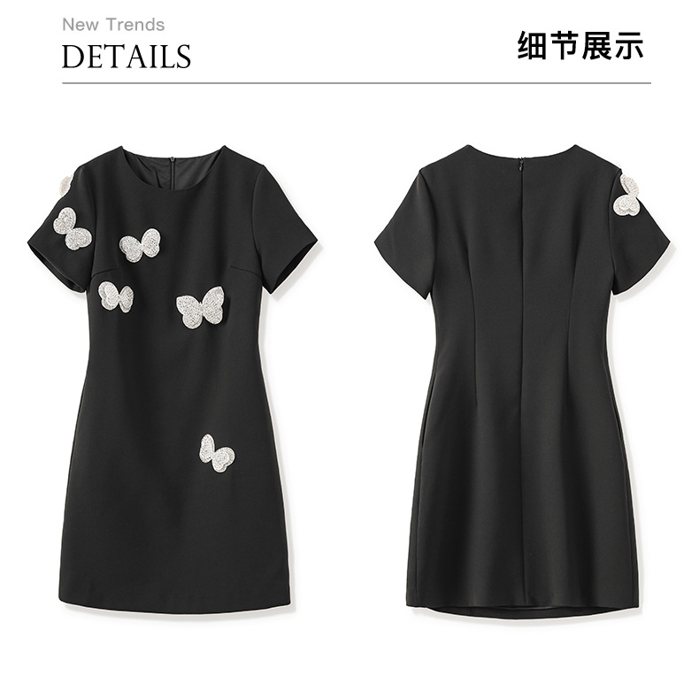 Đầm suông nữ midi tay ngắn cổ tròn, họa tiết hoa nổi sequin lấp lánh, phom suông che khuyết điểm — Màu đen chi tiết 25