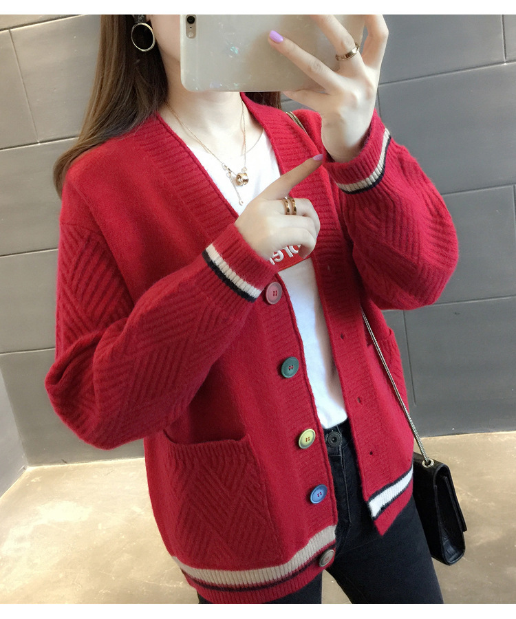 Women's Clothing Knitted Sweater V Neck All match Small Cardigan Jacket Women's Colorblock Sweater _voghion.com