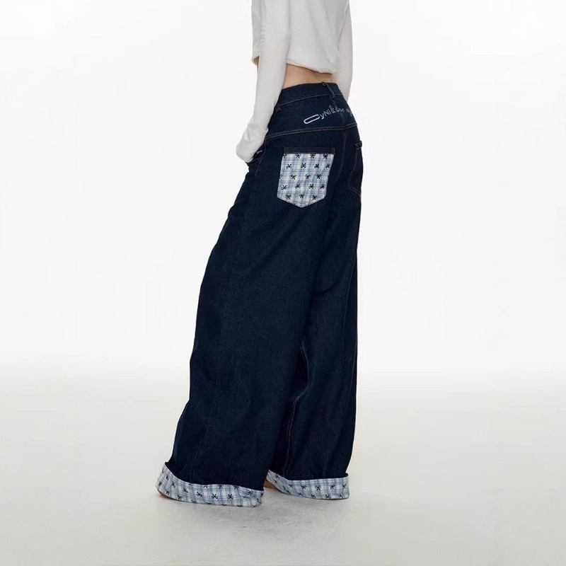 American Retro Bow-Knot Plaid Patchwork Denim Pants for Men and Women, Spring and Summer Niche Straight-Leg Wide-Leg Drapey Floor-Length Pants