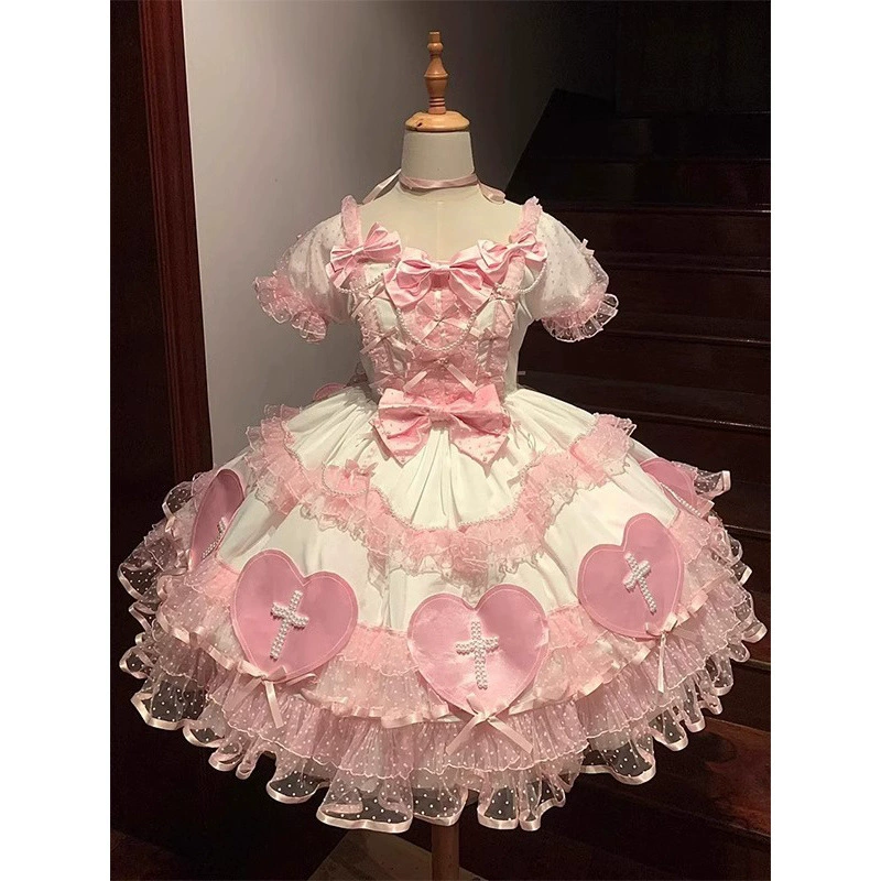 Розовая милая и милая юбка в стиле Лолиты с сердечком в виде креста, в стиле куклы, девчачья юбка в стиле Лолиты с сердечком