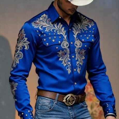 Amazon Cross-Border Men's Satin Texture Vintage Embroidered Rivet Shirt American Western Style Lapel Long-Sleeved Top Amazon Cross-Border Men's Satin Texture Vintage Embroidered Rivet Shirt American Western Style Lapel Long-Sleeved Top
